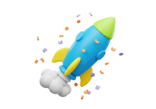 Cartoon rocket ship taking off isolated PNG, 3D render of a blue and green toy rocket with yellow fins and smoke on transparent background
