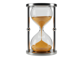 Hourglass with golden sand isolated on transparent background, time management concept for deadlines and countdowns