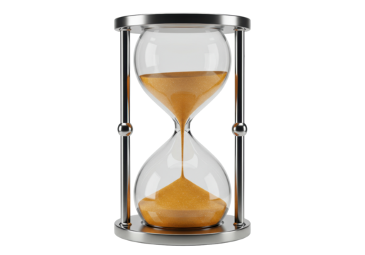Hourglass with golden sand isolated on transparent background, time management concept for deadlines and countdowns