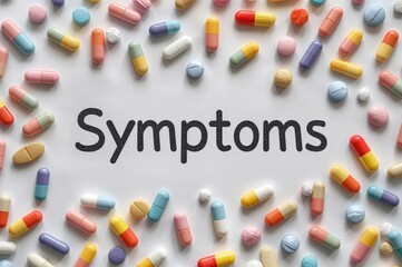 Colored pills scattered with symptom labels on a white surface