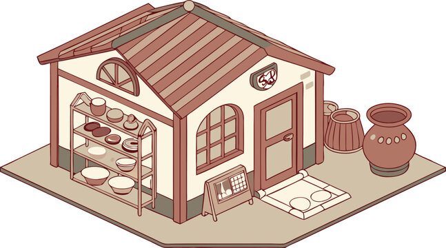 Charming pottery studio illustration, showcasing handmade ceramics and a rustic workshop aesthetic, perfect for creative projects and artistic ventures