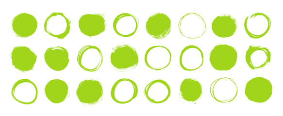Green grunge hand drawn circles, dots and round stamps for eco labels and tags. Ideal for eco-friendly graphics, handmade seals, and fresh ecology designs. Vector rough brush dots and outline circles.