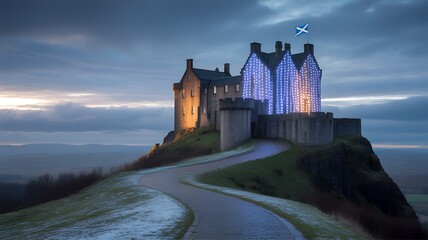 Stirling Castle illuminated at dusk with Scottish flag flying