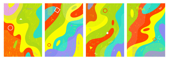 Crayon drawn memphis poster background collection. Doodle geometric wallpapers with organic blobs and polka dot funky shapes. Childish bright colored Memphis playground pop bg covers.