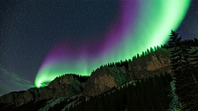 Aurora Borealis Dancing Above Mountainous Landscape and Trees Under Starry Night Sky 4K