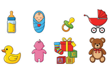 Vector art of set of baby items, including a bottle, baby, pacifier, stroller, duck, doll, gift