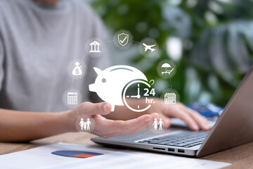 Personal Finance Management Concept, Businesswoman Planning Budget for Family, Health, and Retirement Savings, Efficient Expense Control, Financial Planning for Future Travel and Long-Term Stability