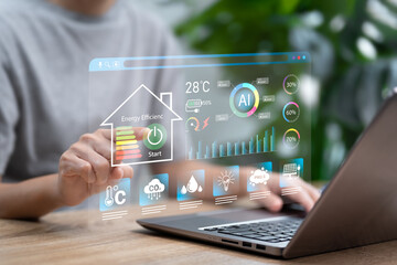 Smart Home Energy Efficiency Concept, Woman Using AI Technology to Analyze Weather, Air Quality, and Carbon Emissions, Reducing Energy Costs with Intelligent Home Automation for Sustainable Living