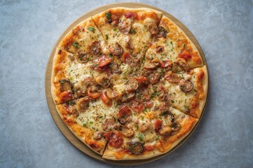 Overhead shot of a gourmet Mediterranean dish featuring a cheesy pizza loaded with fresh toppings and herbs