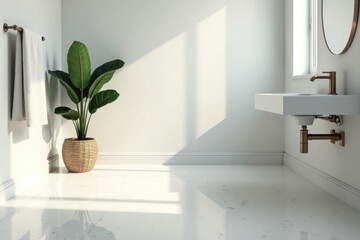 Serene Minimalist Bathroom Design Featuring a Woven Planter, White Vessel Sink, and Sunlit Floor