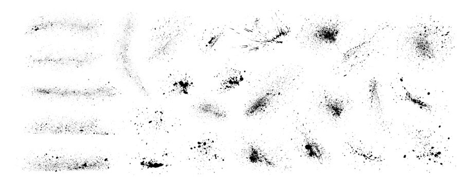 Various spray paint vector effect, dirty mud inky blots. Grunge ink splatter set. Noise effect collection. Graffiti grunge dirty splash stains and blots textures. Aerosol vandal elements for design.