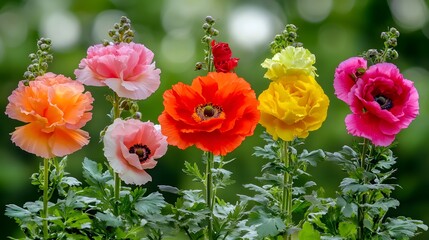 Colorful ranunculus flowers in garden with vibrant orange, pink, red and yellow petals