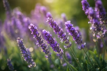 Obraz premium Horizontal view of a field filled with blooming lavender