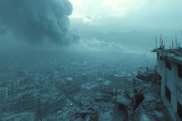 Fototapeta premium Birds eye view of a war-torn city engulfed in smoke and despair