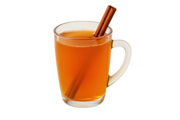 Hot apple cider drink with cinnamon stick on transparent background