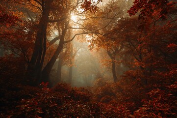 Enchanted Woodland Scene with Golden Leaves in Autumn