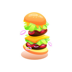 Deconstructed Burger with Floating Ingredients on Transparent Background, Brown Bun, Green Lettuce, Yellow Cheese, Red Onion Slices, Pixelated Art Style, and Bright Lighting