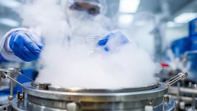 Scientist in PPE pipetting into a cryogenic vessel with thick fog rising from liquid nitrogen.