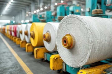 A line of bobbins with yarn in a textile factory shows the industrial weaving process, highlighting the large-scale production of cotton and other materials