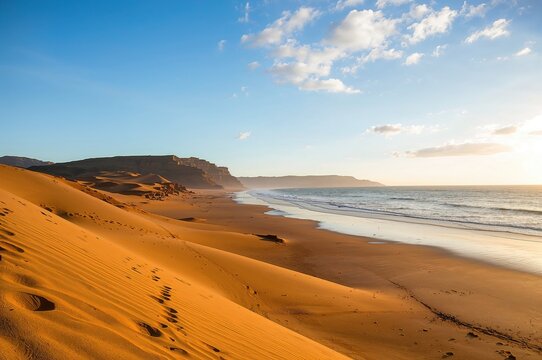 Fototapeta Desert landscape converges with ocean along a rugged coastal area