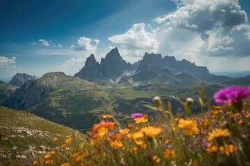 Sunny Day Mountain Scenery with Blossoms in the Foreground