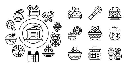 A collection of outlined icons featuring food, kitchen tools, and cooking related elements arranged in a decorative manner.