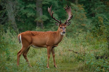 Mighty adult red and fallow deer roaming near the woods alongside mouflons in their natural habitat.