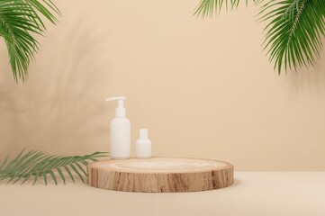 Contemporary minimalist setup featuring a wooden platform and foliage on a soft beige backdrop for product promotion and display