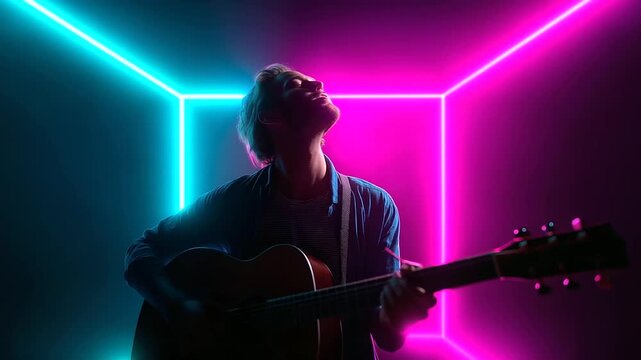 Male country singer captivating the crowd with guitar and vocals under neon lights at a festival, country music festival star, young musician stage, cinematic neon performance, rom