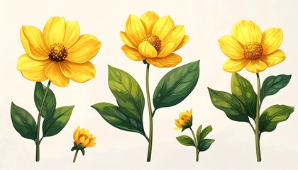 Watercolor floral illustration of vibrant yellow flowers
