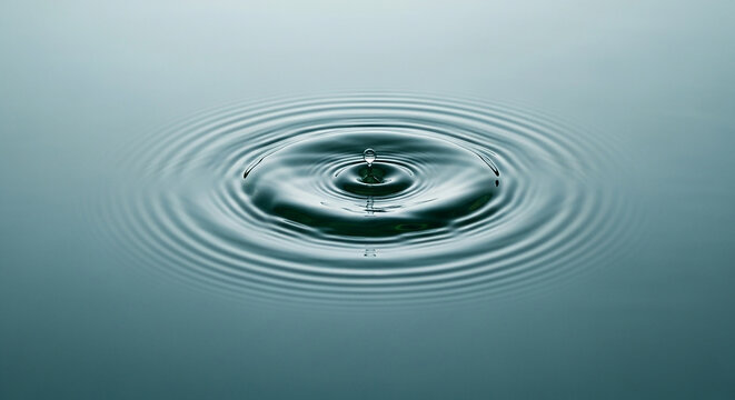 A single water droplet creates perfect concentric ripples on the surface of calm, dark blue water, symbolizing tranquility and the impact of small actions