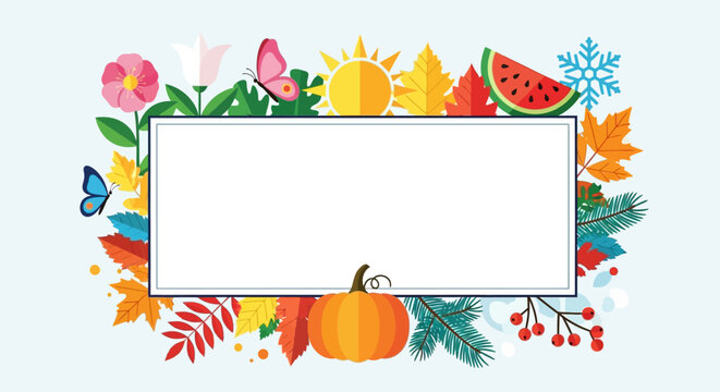 A colorful frame featuring flowers, leaves, sun, butterfly, watermelon, snowflake, and pumpkin, surrounding a blank white rectangle.