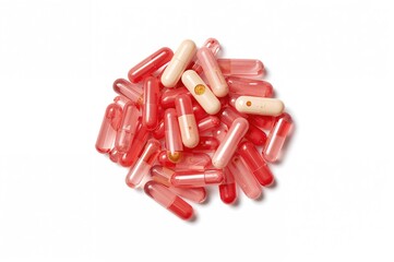 Stack of collagen capsules on a white backdrop, offering a protein-based solution for internal beauty support targeting skin and bone health