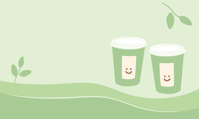 Eco takeaway cups with smiling labels on soft green hills and leaves, minimalist pastel banner background for cafe menu, tea or coffee branding, packaging and social posts.