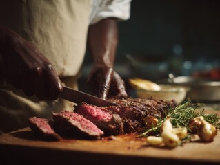 Premium Authentic South Asian Chef Slicing Medium-Rare Ribeye with Herbs Modern Protein-Focused Culinary Craft for Food Industry Marketing and Editorial