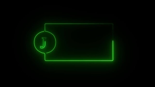 colorful glowing neon J text icon animation. Square rectangle picture frame with one tone neon color motion graphic on isolated black a background.neon text J, icon, 4k video black background.