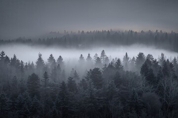 Obraz premium Vertical panorama of a single-color snowy forest in winter