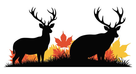 Two black deer silhouettes standing among colorful autumn leaves and grass against a white background.