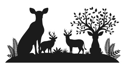 Silhouette illustration of a deer family, including a doe, two bucks, and a fawn, in a natural landscape with a tree and ferns.
