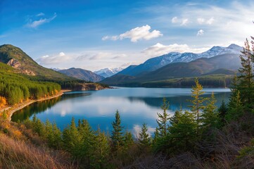 Fototapeta premium Artificial reservoir lake formed by a dam