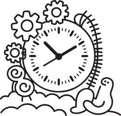 The old vintage clock face on the wall is an antique symbol of time, showing the hour and minute with a numbered dial and second hand illustration