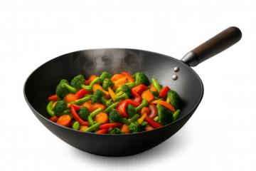 Wok stir frying colorful fresh vegetables producing steam, preparing a healthy asian meal for dinner