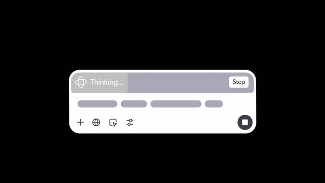 Animated AI deepseek chat interface: white input panel with abstract prompt and Research, Reasoning loading bar. Sparkling star magic as result. LLM generate process. Artificial intelligence bot UI