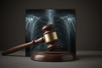 Legal issues surrounding healthcare shown by an X-ray beneath a wooden judge's hammer