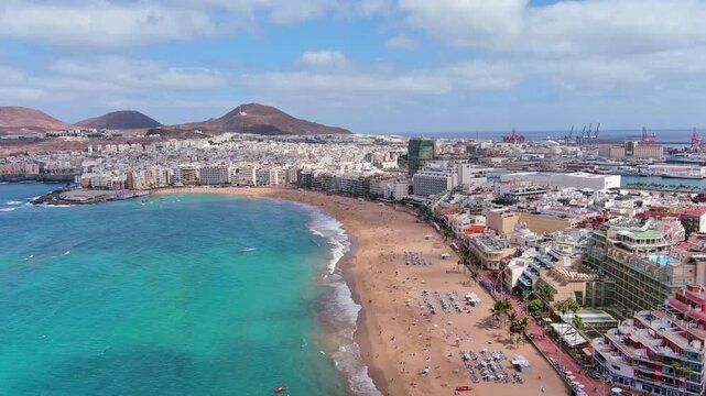 Las Palmas de Gran Canaria, Canary Islands, Spain: Aerial view of one of capital cities of Canary Islands, famous beach Playa de Las Canteras - landscape panorama of  Atlantic Ocean islands from above