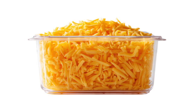 Container of shredded cheddar cheese isolated on transparent background