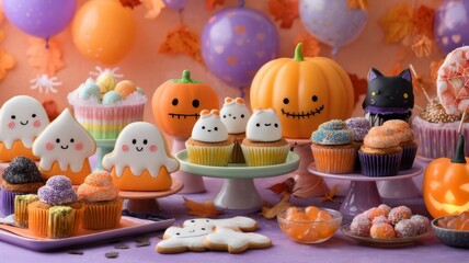 cheerful table of halloween ghost and pumpkin cookies with assorted holiday cupcakes and candies against balloon and autumn leaf backdrop, concept of sweet shop, holiday catering, children party