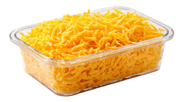 Container of shredded cheddar cheese isolated on transparent background
