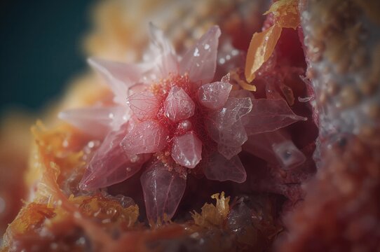 High magnification view of a surgical sample displaying a tophus in a patient with elevated uric acid levels.