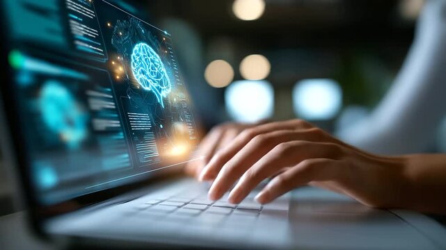 Prompt engineer focused on a computer screen using an AI virtual assistant to optimize workflows, AI chatbot productivity, creative prompt engineering, task management AI tool, int